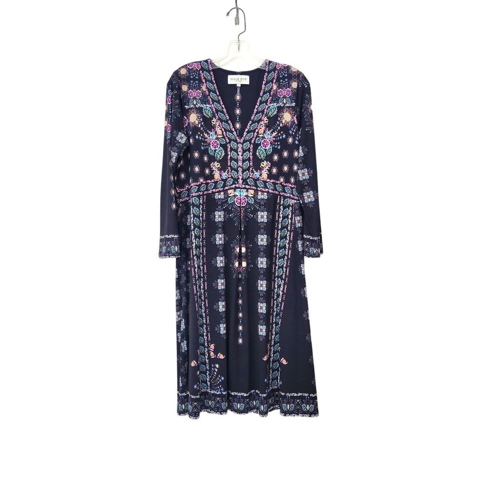 HALE BOB Jersey Midi Dress Women's Large Black Multi Floral Print V-Neck